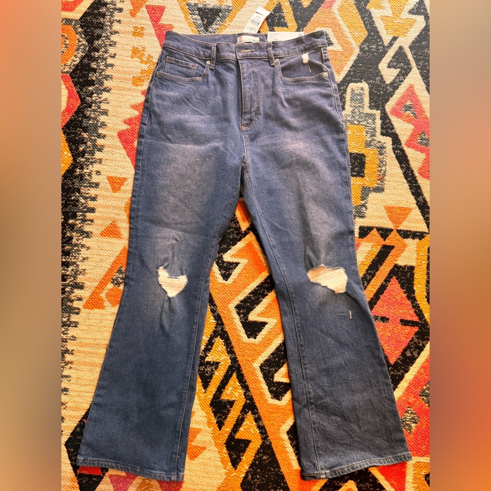 LOFT NWTs! Dark Blue Distressed Flare kick crop flare jeans